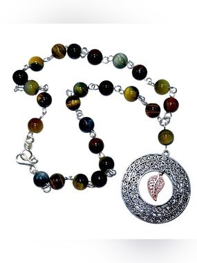 Handmade Autumn Joy Round Pendant Necklace with Natural Tiger Eye Stones!